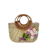 Square Water Hyacinth Bag With Rattan Handle